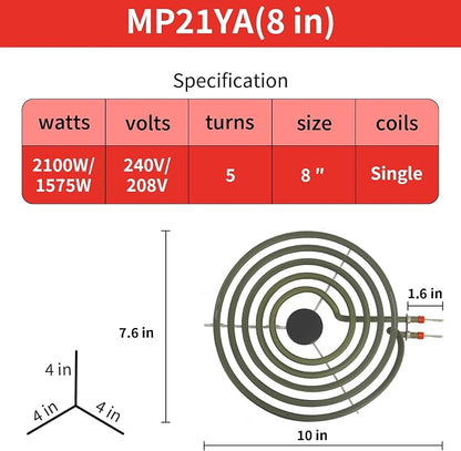 MP21YA 8" Stove Burner Element Fits Whirlpool Maytag Kenmore | MP21YA 8 inch stove burner 240V 2100W five-turn coil fits Whirlpool Maytag Kenmore quick three step DIY install