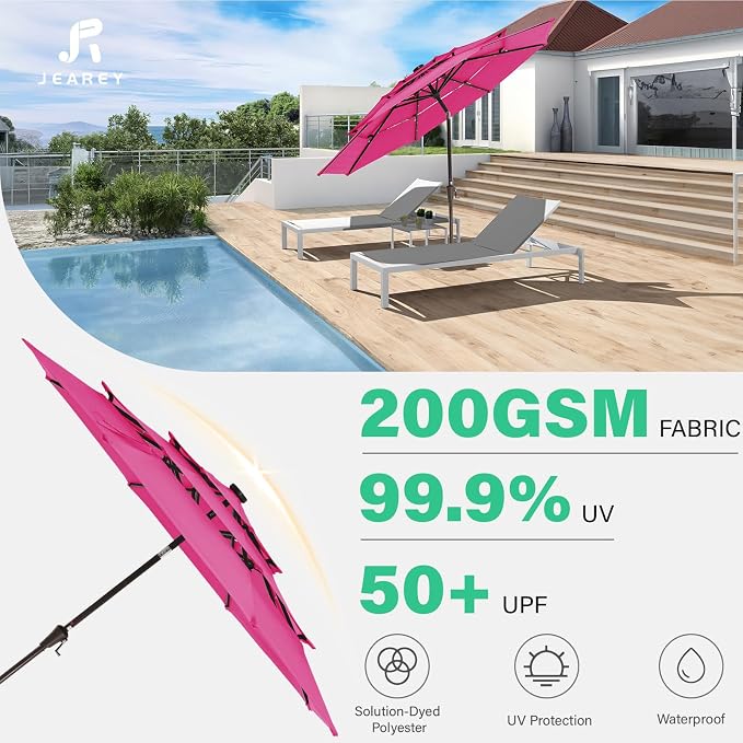 JEAREY 9 ft 3-Tier Outdoor LED Lighted Patio Umbrella w/Crank, Pink | Solar Market Table Umbrella with 8 Sturdy Ribs, UV Protection Waterproof Sunproof for Garden, Deck and Backyard