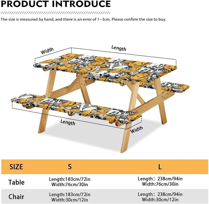 Halloween Pumpkin Skull Elastic Picnic Table Cover with Bench Covers Camping Table Cloth for Picnic Table 3 PCS Set Size S/L