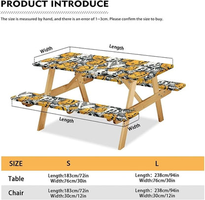 Halloween Pumpkin Skull Elastic Picnic Table Cover with Bench Covers Camping Table Cloth for Picnic Table 3 PCS Set Size S/L