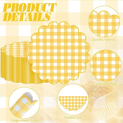 100Pcs Checkered Paper Placemats Yellow Gingham Place Mats 13.5 Inch Disposable Round Decorative Dining Table Mat with Scalloped Edge Paper Cutouts Decor for Wedding Baby Shower Table Party Supplies