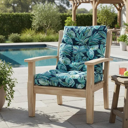 Outdoor Tufted High-Back Chair Cushions, One-Piece Hinged Seat and Back Design, Reversible with 4 Ties, Durable Polyester Fabric, Recycled Fiber Fill - Single, Botanical Crestwood