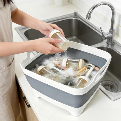 FOSJGO Collapsible Dish Basin with Drain Plug, Foldable Sink, 2.4 Gal (9L) | Space-Saving Wash Basin for Kitchen, Baby Bottles, Vegetable Washing, Camping, RV and Party Beverage Tubs