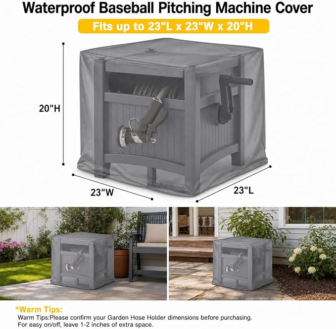 Garden Hose Reel Box Cover - Weatherproof 420D, 23"x23"x20", Black | Fits hose reels box. Reflective handles, cord closure, storage bag.