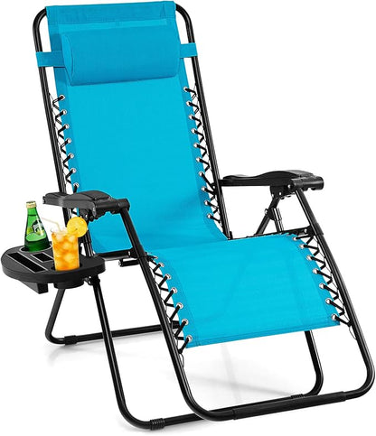 Giantex Zero Gravity Reclining Chair, Outdoor Patio Recliner with Cup Holder & Removable Pillow, Adjustable Backrest, Indoor Lounge Chair for Backyard, Garden, Poolside (Blue)