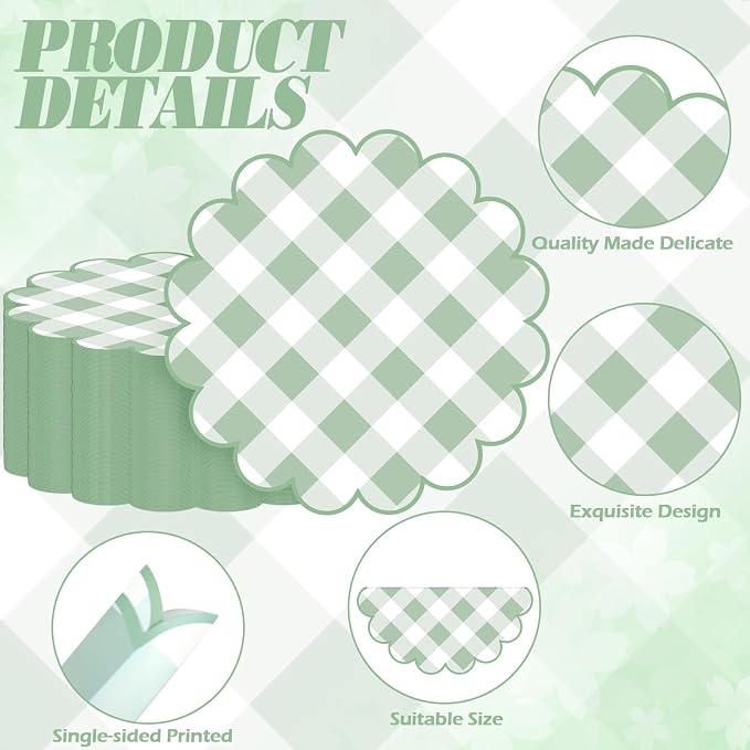 100 Pcs Checkered Paper Placemats Sage Green Gingham Place Mats 13.5 Inch Disposable Round Decorative Dining Table Mat with Scalloped Edge Paper Cutouts Decor for Picnic BBQ Table Party Supplies