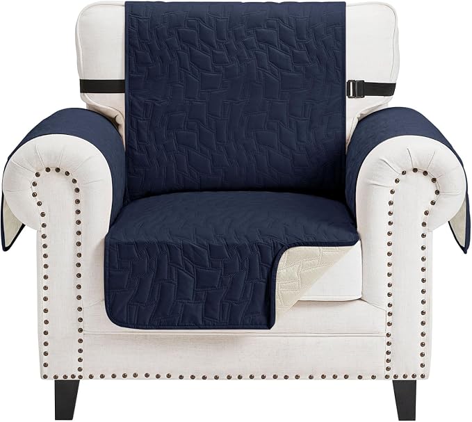 CUCRAF Non Slip Quilted Sofa Cover, Water Resistant Slipcover Furniture Protector for 1 Cushion Sofa Pet Friendly, Washable Couch Cover with Adjustable Elastic Straps (Small Chair, Navy Blue)