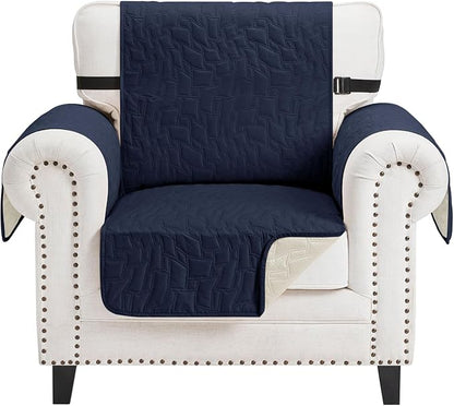 CUCRAF Non Slip Quilted Sofa Cover, Water Resistant Slipcover Furniture Protector for 1 Cushion Sofa Pet Friendly, Washable Couch Cover with Adjustable Elastic Straps (Small Chair, Navy Blue)