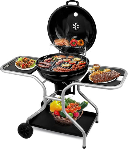 12.5 inch Kettle Charcoal Grill with 2 Side Tables, Storage Shelf, Upgraded Ash Catcher, Thermometer, Air Vents, Outdoor Cooking Barbecue Grill with Wheels