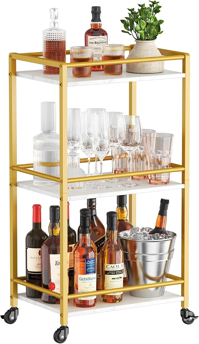 Lifewit Mini 3 Tier Rolling Bar Cart with Lockable Wheels, Gold | Drink serving liquor utility cart for dining living room, compact size 17 x 11.8 x 32.1 inch, mobile wine storage trolley