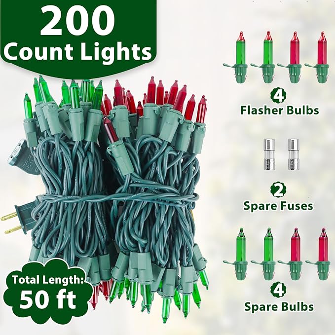 Christmas Lights 50FT 200 Count Incandescent Bulbs Red and Green Mini Lights with Green Wire for Christmas Tree, Garland, Wedding, Party, Home, Indoor & Outdoor Festival Decoration