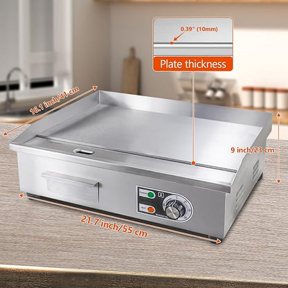 22" Commercial Electric Griddle,Electric Countertop Flat Top Griddle,110V 1600W Electric Flat Top Grill,Non-Stick Restaurant Teppanyaki Stainless Steel Grill,Adjustable Temperature Control