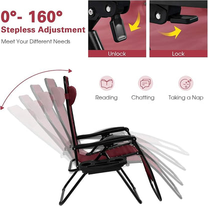 Goplus Zero Gravity Lounge Chairs, 160°Adjustable Folding Recliner w/Pillow and Cup Holder, 350LBS Comfy Outdoor Lounge Chairs for Patio, Lawn, Yard & Camp(1, Wine)