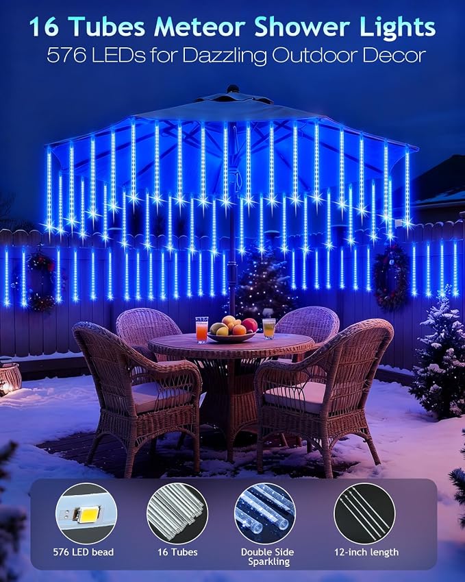 PEMOTech Christmas Lights Outdoor,16 Tubes (Equivalent to 2 Sets of 8-Tubes) Meteor Shower Lights,Waterproof Christmas Decorations for Xmas Tree Party, Outdoor Christmas Decorations,UL Plug,Blue