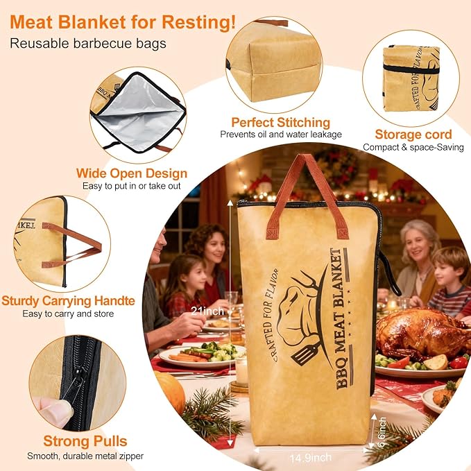 21" BBQ Blanket for Resting Meat, Insulated Smoker Meat Resting Bag for Brisket/Pork Shoulder/Turkey Juicy & Tender, with Accessories - Christmas Stocking Stuffers Anniversary Gifts for Men BBQ Lovers