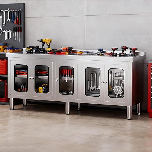 70" Stainless Steel Table Cabinet Heavy Duty Prep Table with 304 Stainless Steel Worktop and 5 Glass Doors Commercial Worktable Workbench with Storage Cabinet for Kitchen Garage Restaurant Outdoor