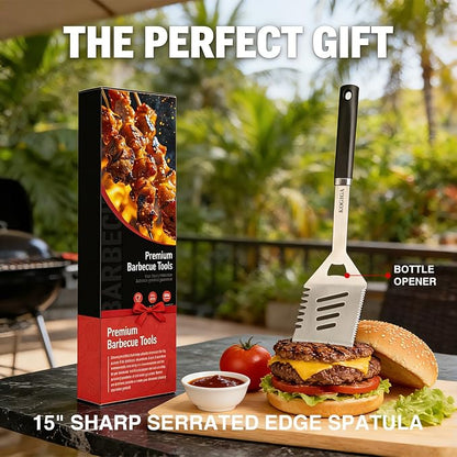 Heavy Duty BBQ Tools Grill Tools Set - Stainless Steel BBQ Grilling Tools Set with Serrated Spatula, Tongs, Knife, Spatula - Outdoor Barbecue Accessories Kit, Grilling Gifts for Men Dad