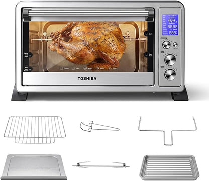 TOSHIBA 10-in-1 Convection Toaster Oven, 6-Slice Countertop Oven, 1500W | Bake, Broil, Rotisserie & Pizza Functions, LCD Knob Controls, 6 Accessories, with Toast, 1500W, Stainless Steel