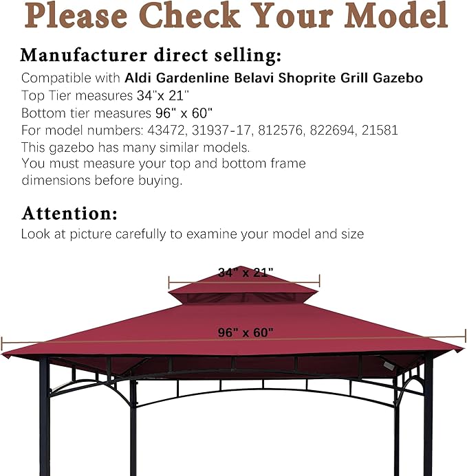 SCOCANOPY Grill Replacement Canopy BBQ Gazebo Top Compatible with Aldi Gardenline Belavi Shoprite Grill Gazebo,for Model Number: 43472,812576,822694,31937-17,21581,(Burgundy)
