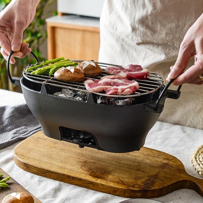 Mini Grill - 12 Inch Portable Cast Iron Outdoor Tabletop Grill - Handled Mini Japanese BBQ Charcoal Stove - Small Durable Camping Cast Iron Grill with Grate Hook