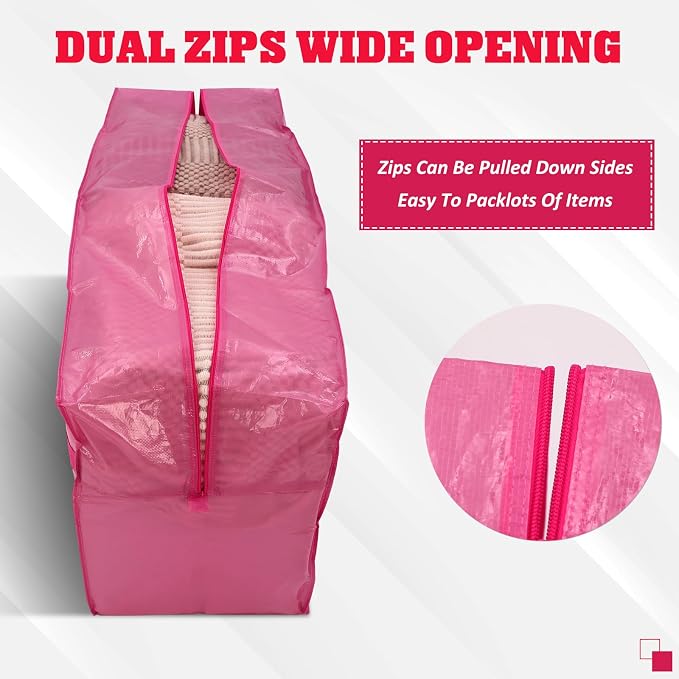 4 Pcs 66 Gallon Extra Large Moving Bags Heavy Duty Storage Bag with Strong Zipper Handle Foldable XXL Jumbo Storage Tote Packing Moving Box for College Dorm Travel Cloth Duffle (Jelly Pink)