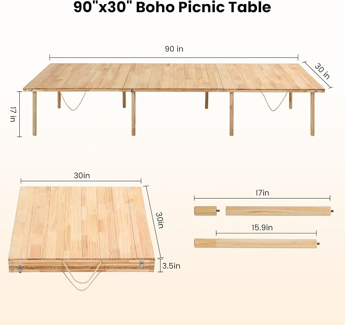 90" x 30" Boho Low Picnic Table, Foldable Solid Wood Construction | Beach Table with Tablecloth & Adjustable Legs, Indoor & Outdoor Use for Beach, Camping, BBQ, Wedding & Warm Family Gatherings