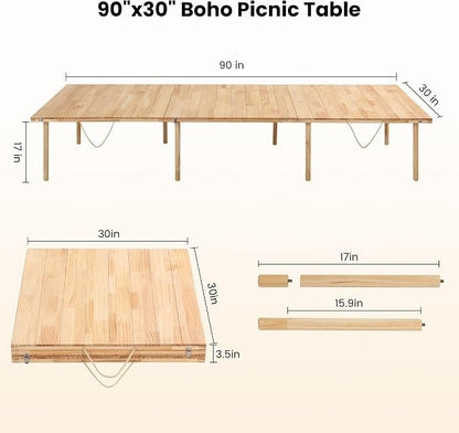 90" x 30" Boho Low Picnic Table, Foldable Solid Wood Construction | Beach Table with Tablecloth & Adjustable Legs, Indoor & Outdoor Use for Beach, Camping, BBQ, Wedding & Warm Family Gatherings