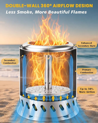 Tabletop Fire Pit 9.7 x 7.1 In, Portable Smokeless Mini Fire Pit for Patio & Camping, Stainless Steel Table Top Firepit for Wood Pellets, with Heat-Resistant Mat, Travel Bag & Roasting Sticks