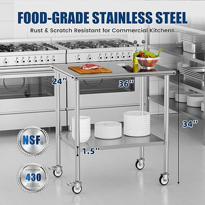 Stainless Steel Work Table with Wheels, 24x36 Inch NSF Kitchen Prep Table with Adjustable Undershelf for Commercial Restaurant, Garage, Outdoor BBQ