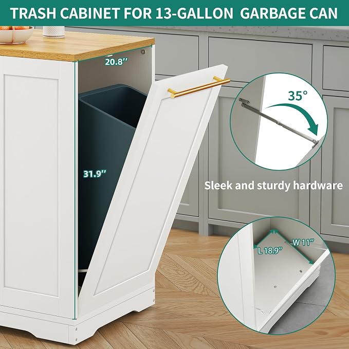 YITAHOME 53 inch Movable Kitchen Island with Trash Can Storage Cabinet | Portable Mobile Islands with Wheels for 13 Gallon Garbage Bin, White Oak