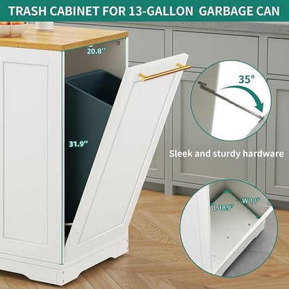 YITAHOME 53 inch Movable Kitchen Island with Trash Can Storage Cabinet | Portable Mobile Islands with Wheels for 13 Gallon Garbage Bin, White Oak