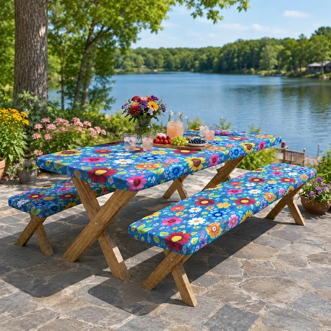 Cinrobiye 3PCS Floral Picnic Table Cover Set Fitted Elastic Waterproof Tablecloth with Bench Covers Blue Flower Camping Table Cover for Outdoor Picnic Camping Backyard BBQ 72 x 30 Inch