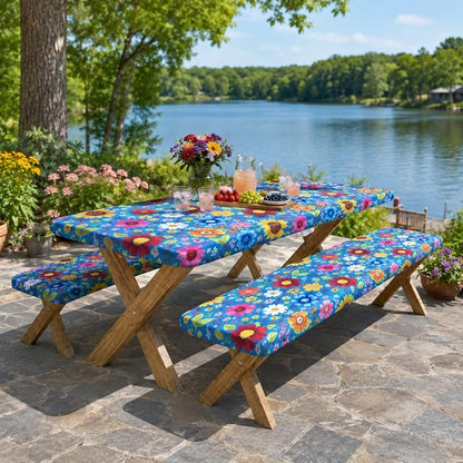 Cinrobiye 3PCS Floral Picnic Table Cover Set Fitted Elastic Waterproof Tablecloth with Bench Covers Blue Flower Camping Table Cover for Outdoor Picnic Camping Backyard BBQ 72 x 30 Inch