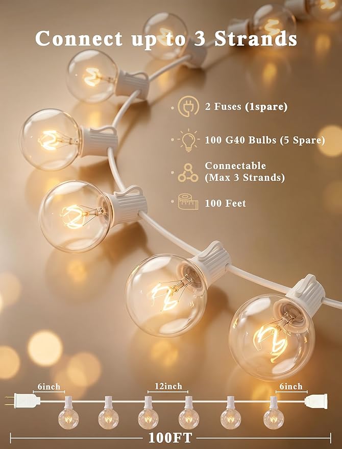 Abeja Outdoor String Light G40-100Ft with 105 Edison Glass Bulbs, 5W, E12 Socket Base, UL Listed Waterproof for Patio Lights Bars Party Decor, White