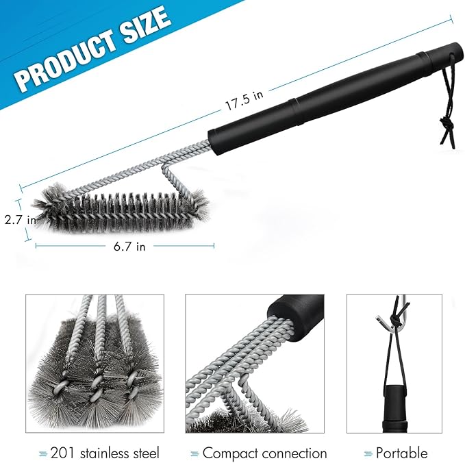 BBQ Grill Brush By GRILL CHIEF - 18" - 3 Stainless Steel Brushes in 1 - Best Barbecue Cleaner Tools Accessories - Outdoor Kitchen Wire Bristles Cleaning Grates Parts Set to Handle Weber, Charbroil, Gas, Electric, Porcelain, Infrared Grills