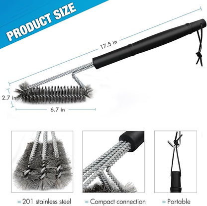 BBQ Grill Brush By GRILL CHIEF - 18" - 3 Stainless Steel Brushes in 1 - Best Barbecue Cleaner Tools Accessories - Outdoor Kitchen Wire Bristles Cleaning Grates Parts Set to Handle Weber, Charbroil, Gas, Electric, Porcelain, Infrared Grills