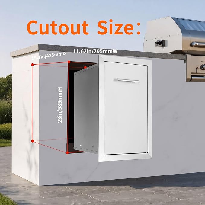 Pull Out Trash Can Drawer Outdoor Kitchen Trash Cabinet Stainless Steel Flush Mount for Outdoor Kitchens & BBQ Islands 14" W x 25.7" H x 19.4" D
