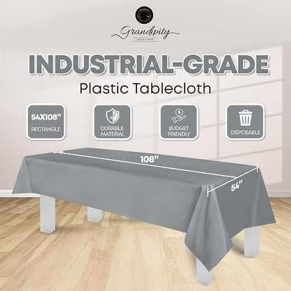 Grandipity 12 Pack Premium Disposable Plastic Tablecloth 54 Inch. x 108 Inch. Decorative Rectangle Table Cover - Silver