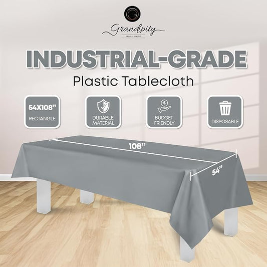 Grandipity 12 Pack Premium Disposable Plastic Tablecloth 54 Inch. x 108 Inch. Decorative Rectangle Table Cover - Silver