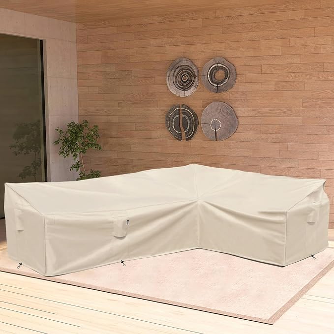 Heavy Duty Outdoor Sectional Sofa Cover, 115"X83" L-Shaped Waterproof 600D Patio Furniture Covers, Lawn Patio Couch Protector (Natural Beige, L-Shaped-Right Facing-115 x83)