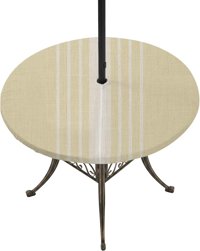 Outdoor Fitted Tablecloth with Umbrella Hole and Zipper, Vintage Yellow Beige Striped Elastic Round Patio Table Cover, Farmhouse Retro Lines Modern Table Protector for Backyard BBQ Party 36''-44''