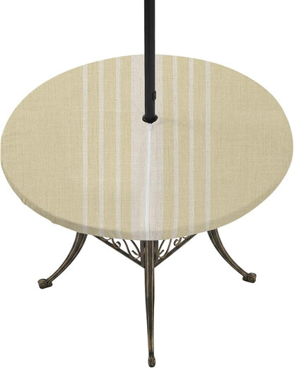 Outdoor Fitted Tablecloth with Umbrella Hole and Zipper, Vintage Yellow Beige Striped Elastic Round Patio Table Cover, Farmhouse Retro Lines Modern Table Protector for Backyard BBQ Party 55''-60''