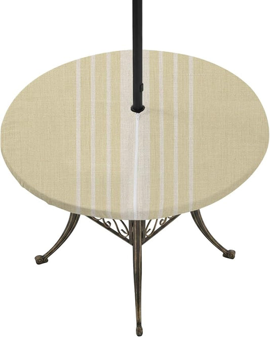 Outdoor Fitted Tablecloth with Umbrella Hole and Zipper, Vintage Yellow Beige Striped Elastic Round Patio Table Cover, Farmhouse Retro Lines Modern Table Protector for Backyard BBQ Party 31''-35''