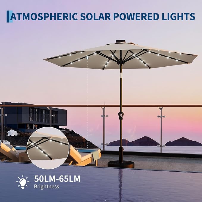 Garvee 9FT Solar Patio Umbrella with 32 LED Lights - Outdoor Table Umbrella with Crank Lift, Push Button Tilt and 8 Sturdy Ribs - Market Umbrella UV Protection for Pool, Deck, Yard, Garden -Beige