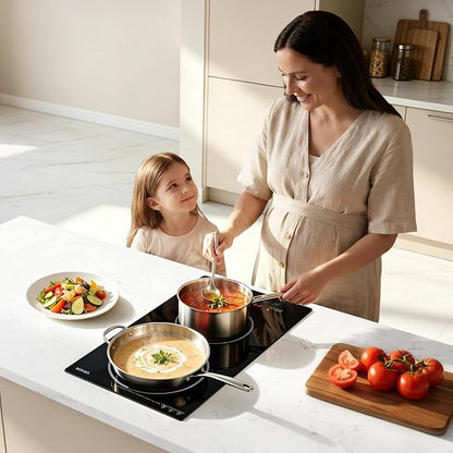 VEVOR Electric Cooktop 12inch 2 Burners Portable Stove Top 1800W 120V, Ceramic Countertop/Built-in Radiant Electric Stove, with 9 Power Levels, Timer, Child Lock, Over-Heat Guard, Touch Control