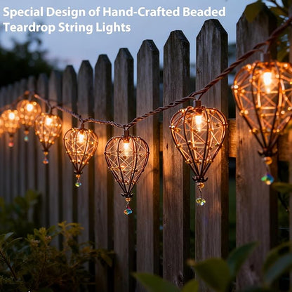 Outdoor Decorative String Lights, Beaded Copper Wire Teardrop Lantern String Lights, Incandescent Patio String Lights Plug in for Outside, Connectable Weatherproof for Home Pergola Bedroom Porch Party