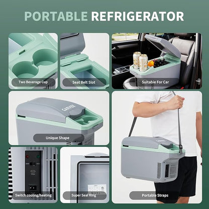 Garvee 8L Electric Cooler & Warmer, Portable Car Refrigerator with Auto-Lock Handle, 12V DC for Cars & Trucks, Equipped with 110V AC Household Power Cord, Plug-in Cooling Fridge, Gray&Green