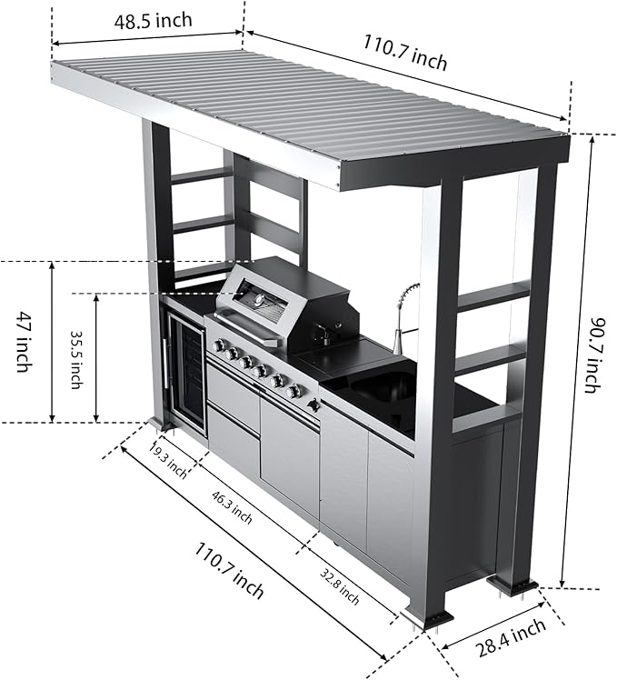 110-Inch 4-Burner 72000 BTU Stainless Steel Natural Gas Grill Outdoor Kitchen Island with Canopy,485Sq.In Cooking Area,Wine Cooler,Refrigerator,Rotisserie,For Backyard BBQ,Silver