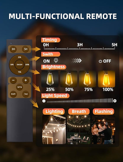 Outdoor Patio String Lights: 50Ft 15M Outside Waterproof Light - Remote Dimmable ST38 Shatterproof Bulb Connectable Hanging Outdoor Electric Lighting - Backyard Yard Gazebo Porch Party