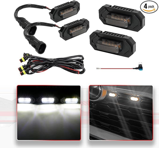 4Pcs White LED Grill Lights Kit for Toyota RAV4 2019 & up | Not Fit for Adventure/RAV4 PHEV/TRD Off Road/Prime，Black Shell, w/ Wiring Harness,Grill Led Raptor Lights